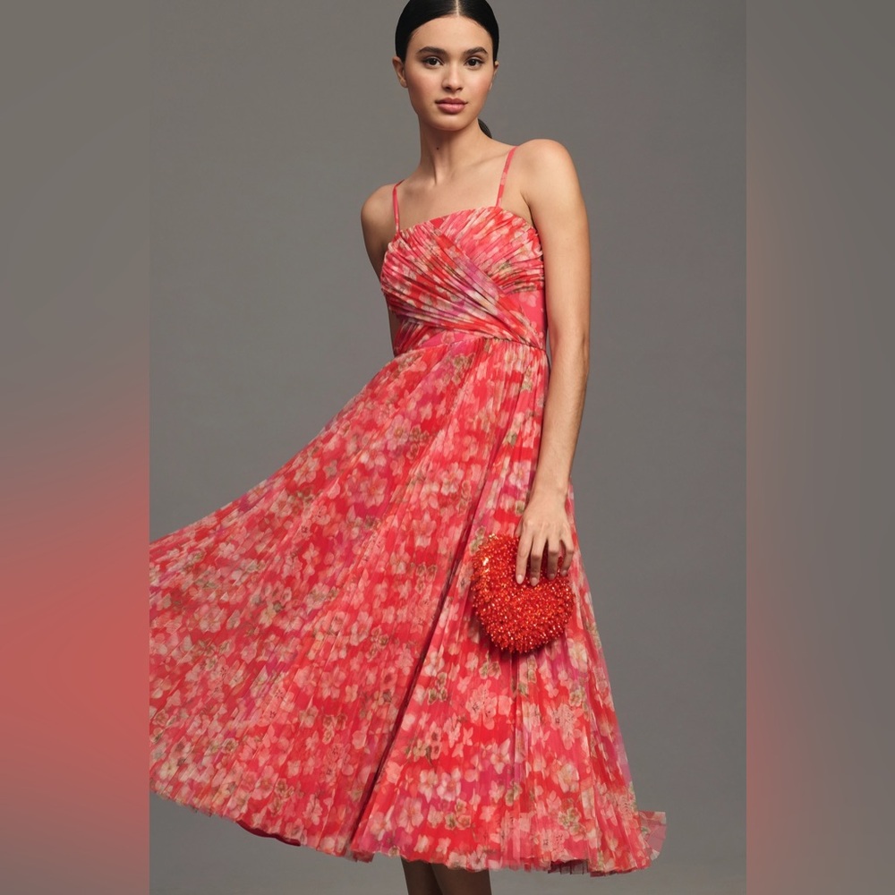 Hutch Coral and Pink Floral Pleated Midi Dress NWT